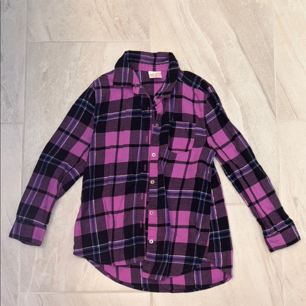 Jumping Beans (Size 6X) Black & Purple Plaid Girls Flannel Shirt